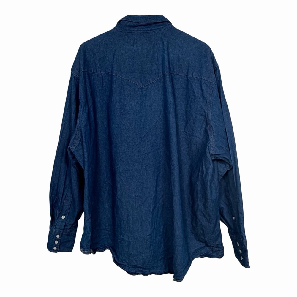 Wrangler Mens 3X Western Denim Shirt Blue Pearl Snap Raw Hem Long Sleeve Big - Picture 2 of 8
